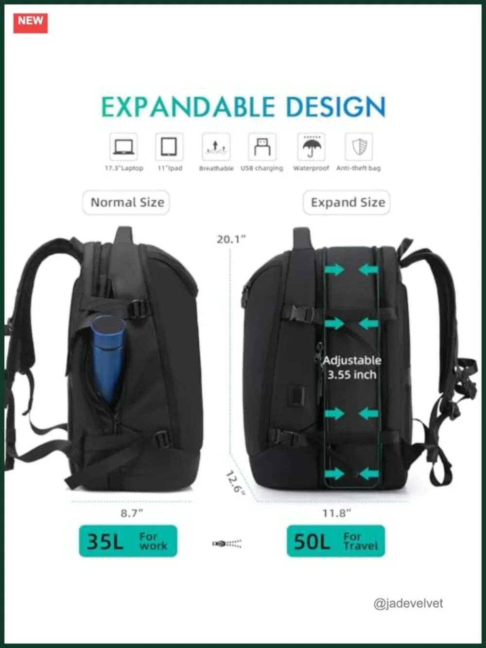 Expandable Travel Backpack 50L USB Charging Port Water Resistant Laptop Bag